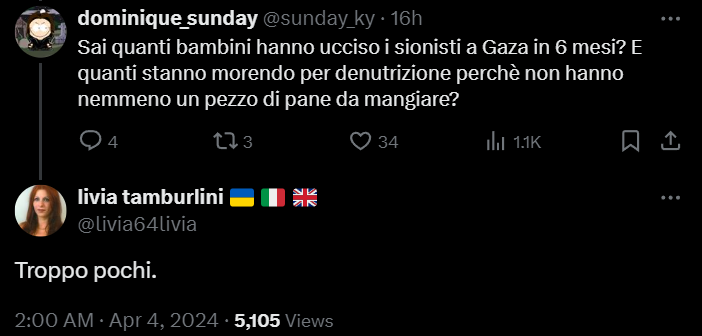 Uno scrive che non vuole ebrei nel suo albergo e viene sbattuto sul giornale, mentre una (candidata per i Democratici di Sinistra nel 2006 e per Azione nel 2022 a Gorizia), dice che i bambini palestinesi uccisi sono troppo pochi e non la bada nessuno. Non capisco... 🤔