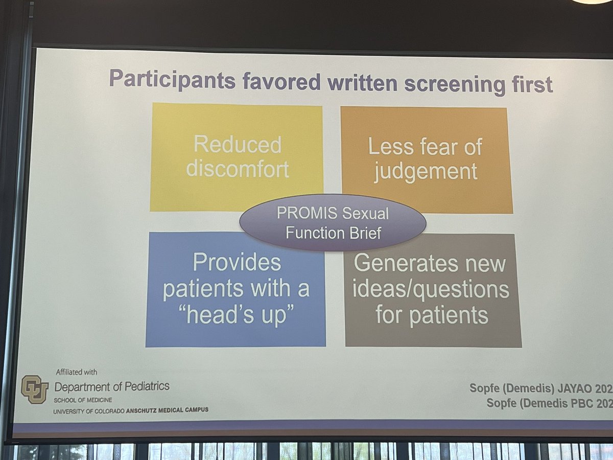 Patient and provider engaged screening approach for sexual function in #AYA pediatric cancer survivors #cancersexnet24

Pt preferences
Good rapport
 Advance notice, written/online material
Convo occurs throughout cancer care continuum 
One on one and private

@JennaDemedis
