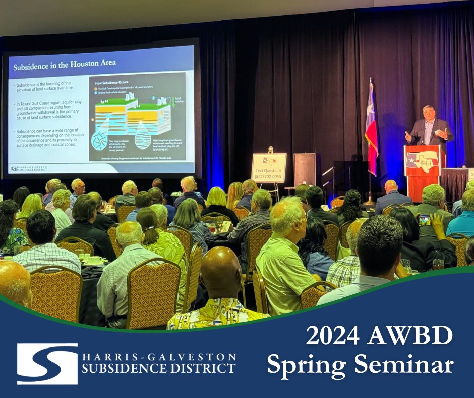 Last night, @awbd_tx hosted its annual Spring Seminar where our General Manager presented HGSD’s all-inclusive approach to preventing further subsidence in the greater Houston area to over 450 professionals dedicated to bettering the operation of Texas’ water districts.