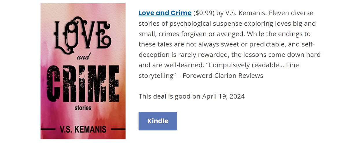 On sale, #99cents (reg 4.99) 'Eleven compulsively readable short stories...' (Foreword Reviews) amazon.com/Love-Crime-Sto…