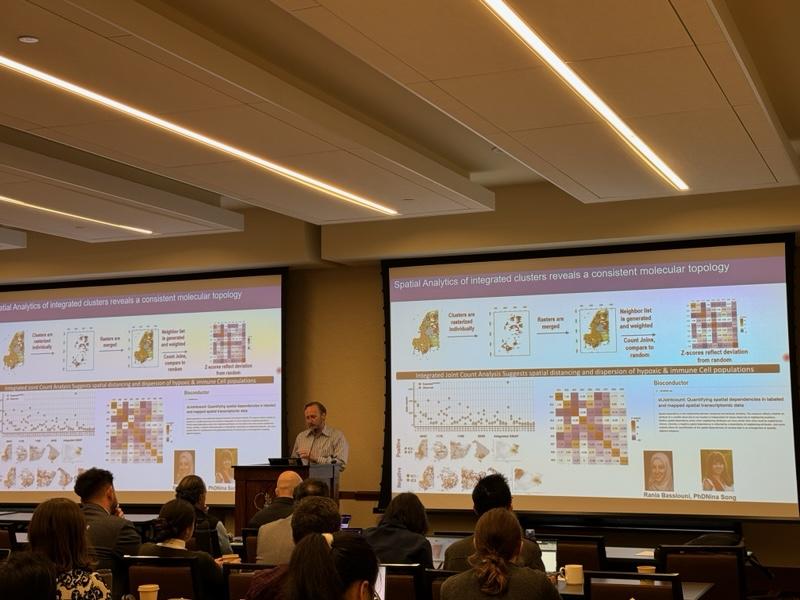 A packed house at yesterday's @10xGenomics Los Angeles single cell and spatial symposium! Here is Dr. David Craig from @cityofhope demonstrating how spatial analytics of integrated clusters in triple negative breast cancer reveals a consistent molecular topology.
