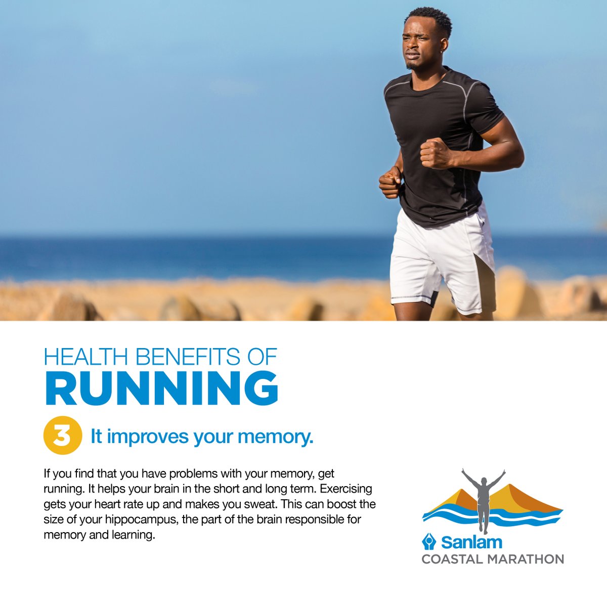 Sanlam Coastal Marathon – Health Benefits of running Health Benefit 3: Running helps boost your brain in the short and long term. So, let’s run with confidence and push the boundaries. #SanlamCoastalMarathon #pushingtheboundariesofendurance #LiveWithConfidence