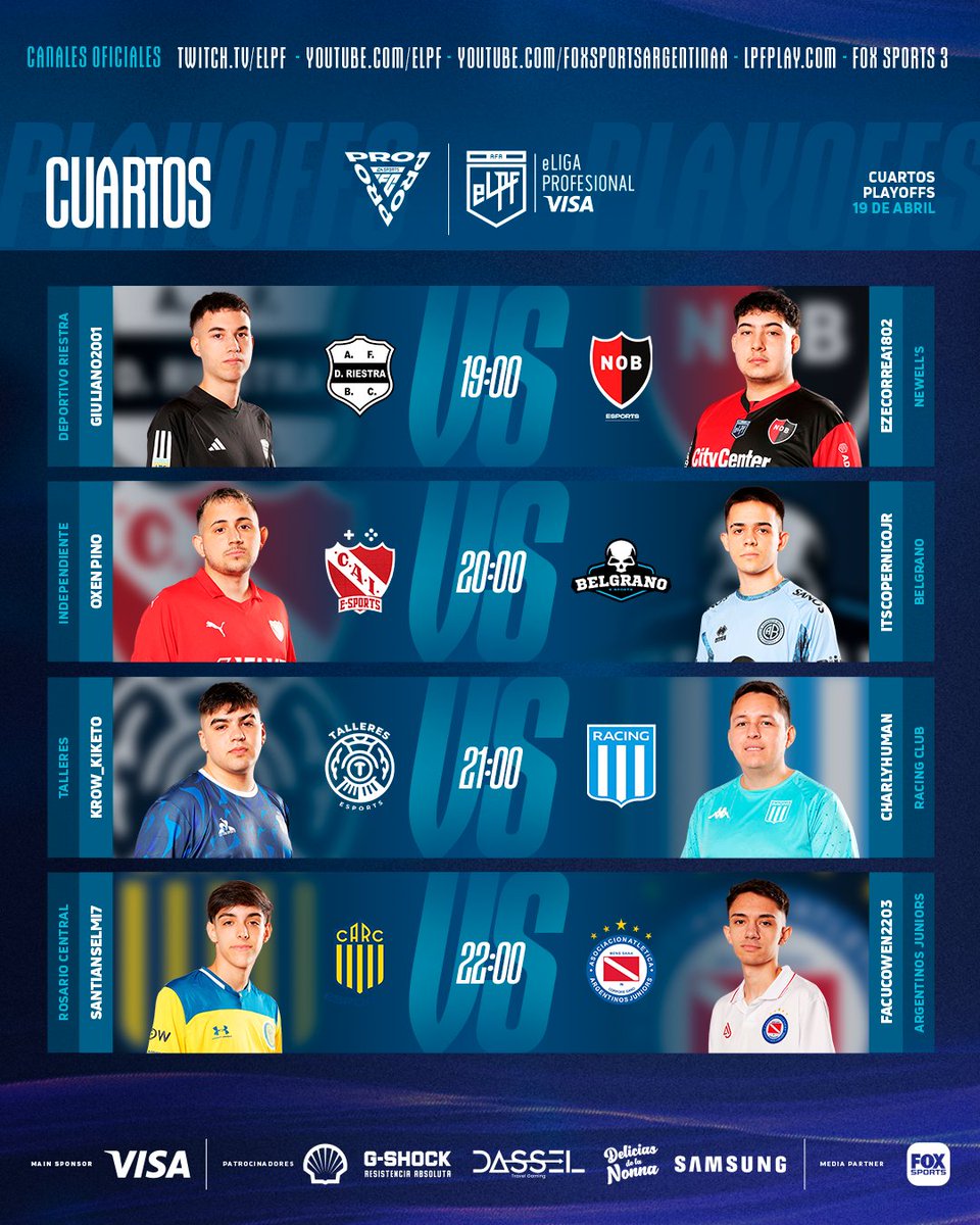 LOS CUARTOS DE FINAL SON UNA LOCURA🤩 Hoy vamos a conocer a los semifinalistas que jugarán el presencial de #eLPFVISA🏆🫡 ➡️ @RiestraES 🆚@NewellsEsports ➡️ @CAIesports 🆚 @CABesportsok ➡️ @TalleresEsports 🆚 @e_RacingClub ➡️ @CARCeSports 🆚 @eSportsAAAJ Nos vemos a las 19HS😉