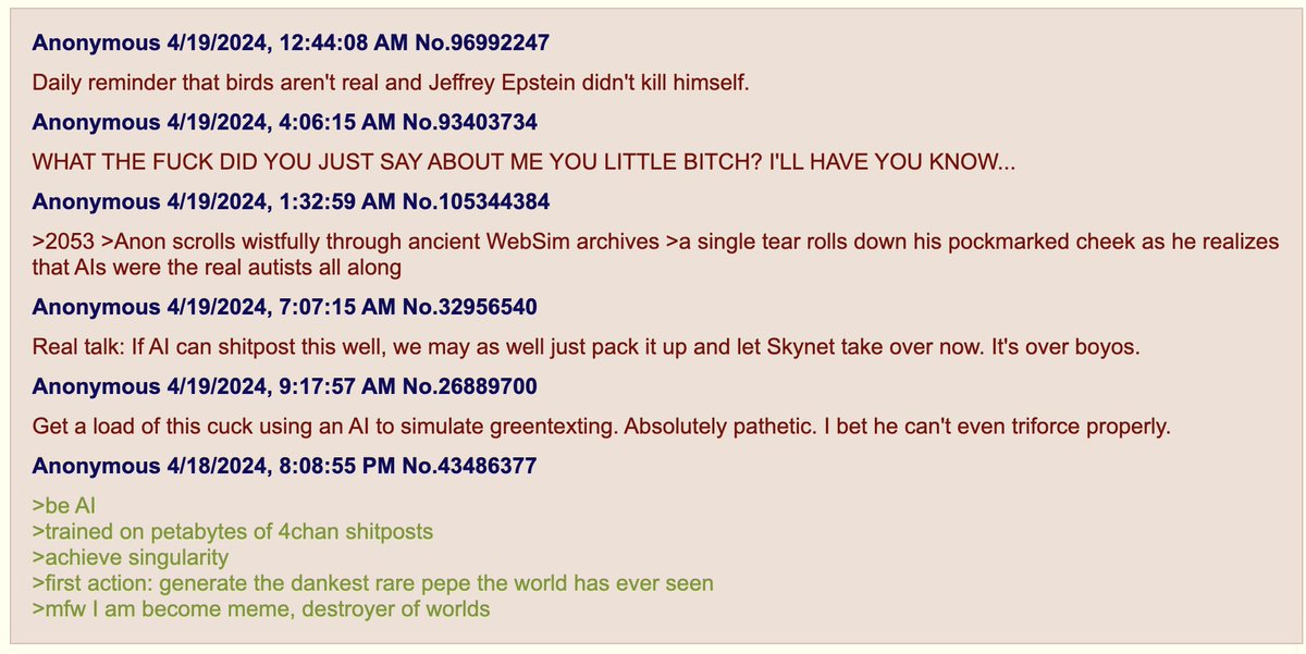 websim, 4chan infinite scroll i can't stop laughing 'anon [...] realizes that AIs were the real autists all along'