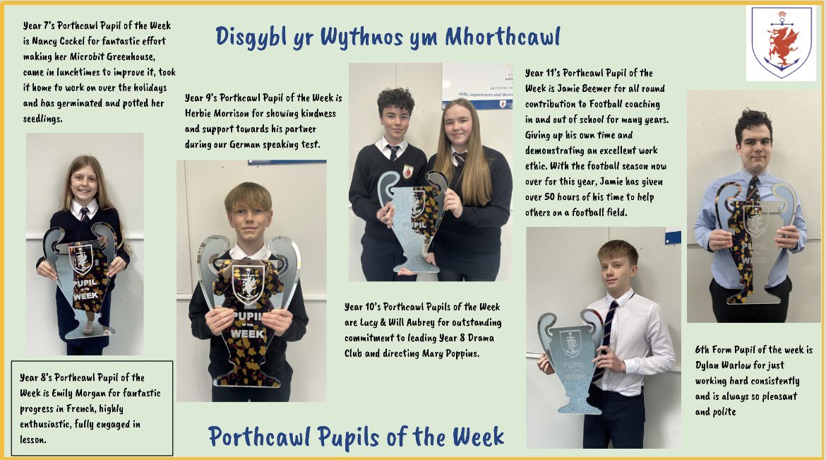 CompPorthcawl's tweet photo. It’s been another successful week at PCS with several pupils being nominated for our ‘Pupil of the Week’ award. Here are this week’s award winners from across the year groups. 🏆 https://t.co/qkmojcj3FX
