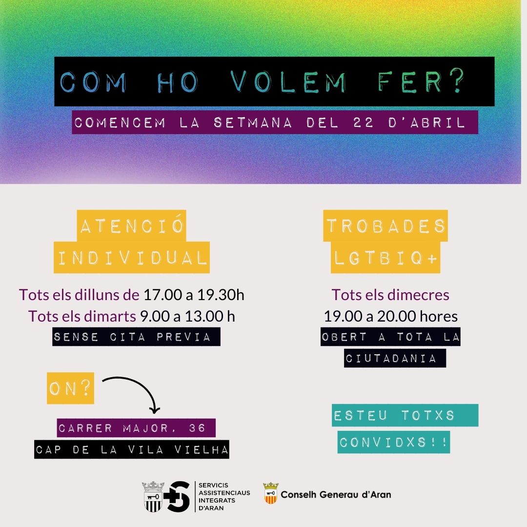 SerAssInAran's tweet photo. Estem emocionadxs de compartir que l'atenció individual i les trobades col·lectives #LGTBIQ+
a l'Aran estan en marxa! 🎉 Us preguntareu què volem fer?
No et quedis fora d'aquest moviment per la #igualtat i la #diversitat! 🏳️‍🌈✨ https://t.co/9IJQ13p41f