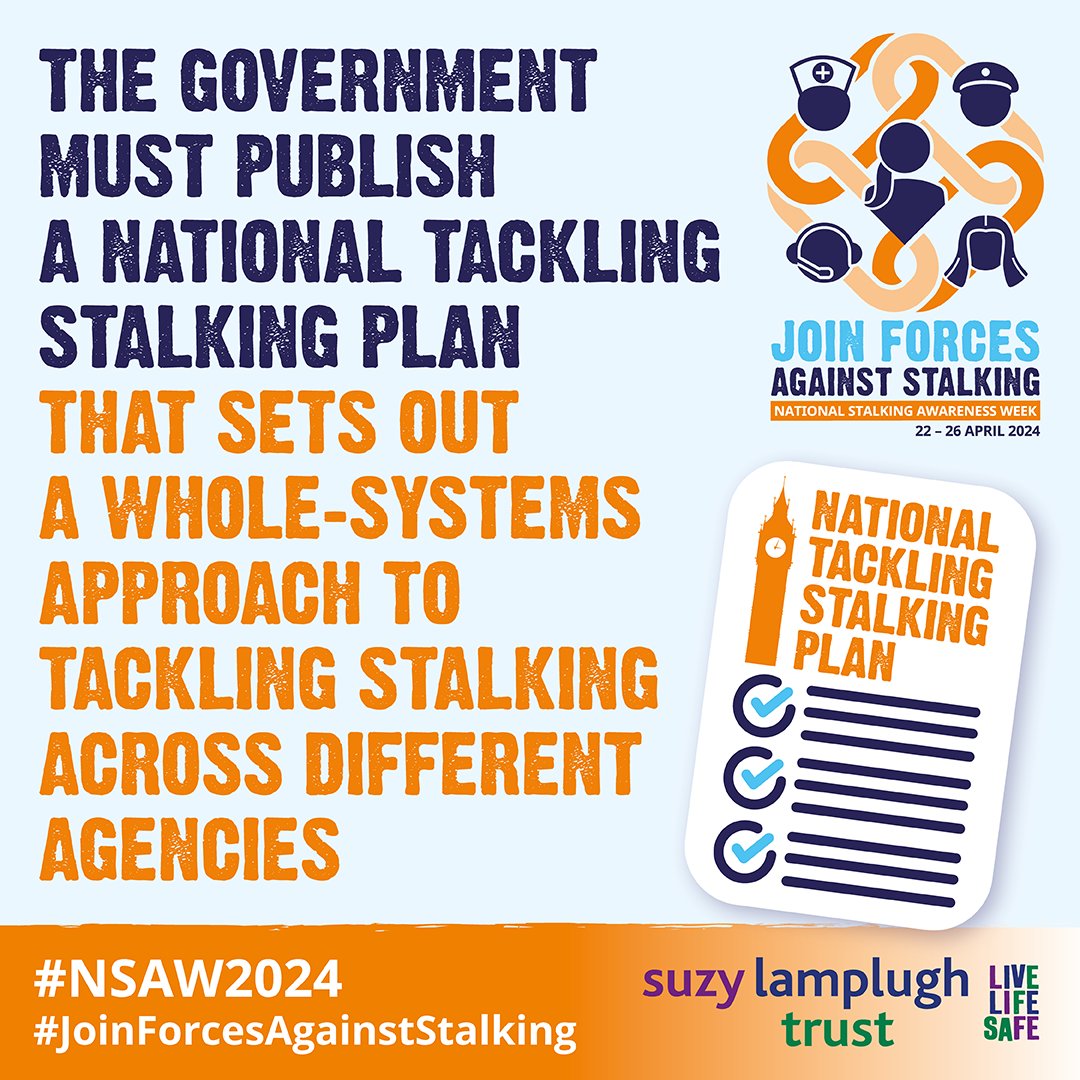 Stalking victims need agencies to work together to ensure they are supported from disclosure through to conviction and beyond. That’s why we’re calling on the government to publish a national Tackling Stalking Plan to ensure that no victim falls through the gaps. #NSAW2024