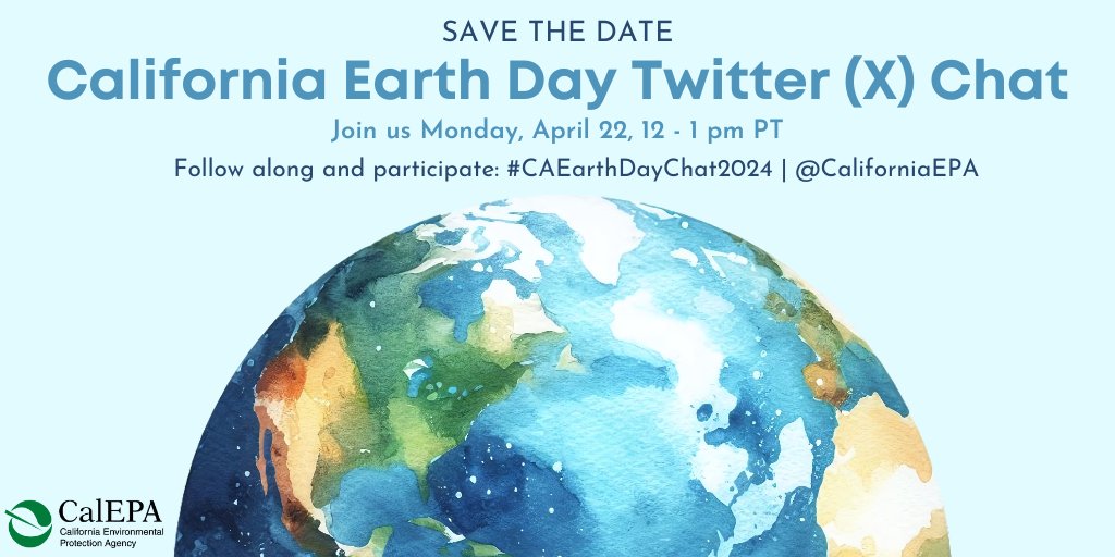 Celebrate #EarthDay2024 by joining us on 4/22 at 12 pm PT on Twitter/X for #CAEarthDayChat2024, hosted by @CaliforniaEPA! In this engaging Q&A format, you’ll get to talk about why #ProtectingOurPlanet & taking #ClimateAction are important to you. Hope to see you there!