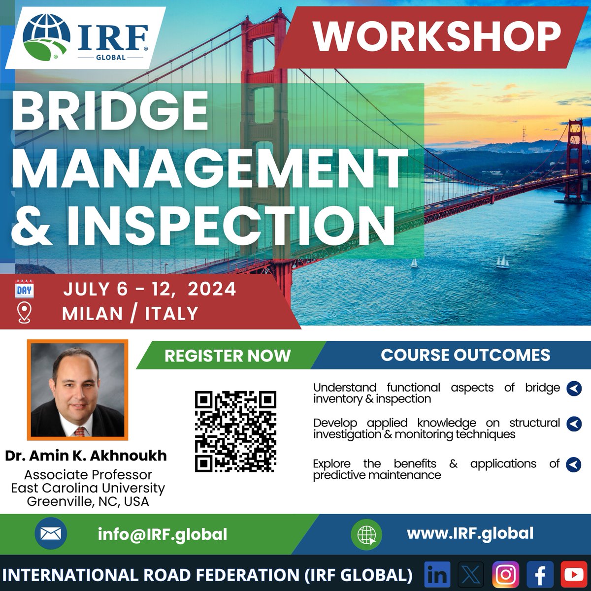 🌉Bridge Management & Inspection Workshop by the International Road Federation (IRF Global) on July 6-12,2024 in #Milan, Italy.
Read more & Register now at: t.ly/e34Wj
#IRFglobal #bridgeinspection #maintenancemanagement #bridgedesign #structuralengineering #bridge