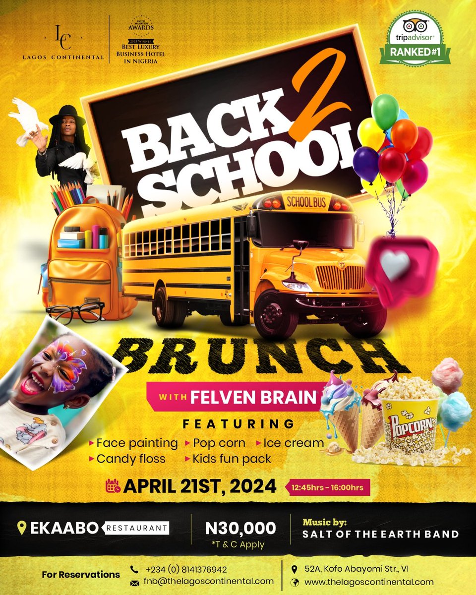 Get ready to relive the magic of school days at our Back To School Brunch! Join us at Ekaabo Restaurant for a day filled with fun, delightful meals and exquisite cocktails. 

📞: 234 (0) 8141376942
📩: fnb@thelagoscontinental.com

#lagoscontinental #back2school #brunch