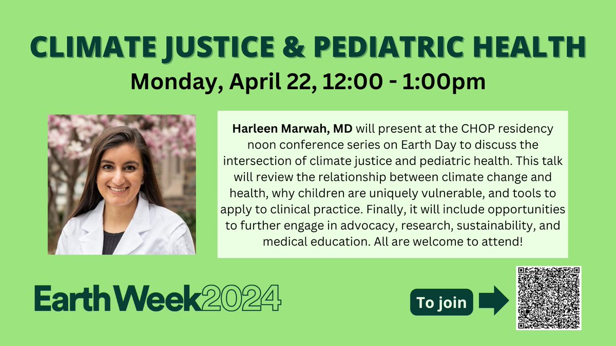 Join @ThereGoesHarMar (@ChildrensPhila) today, 4/22 at 12pm for an #EarthWeek2024 event focused on the intersection of climate justice & pediatric health. Learn more➡️ tinyurl.com/yv834wmw