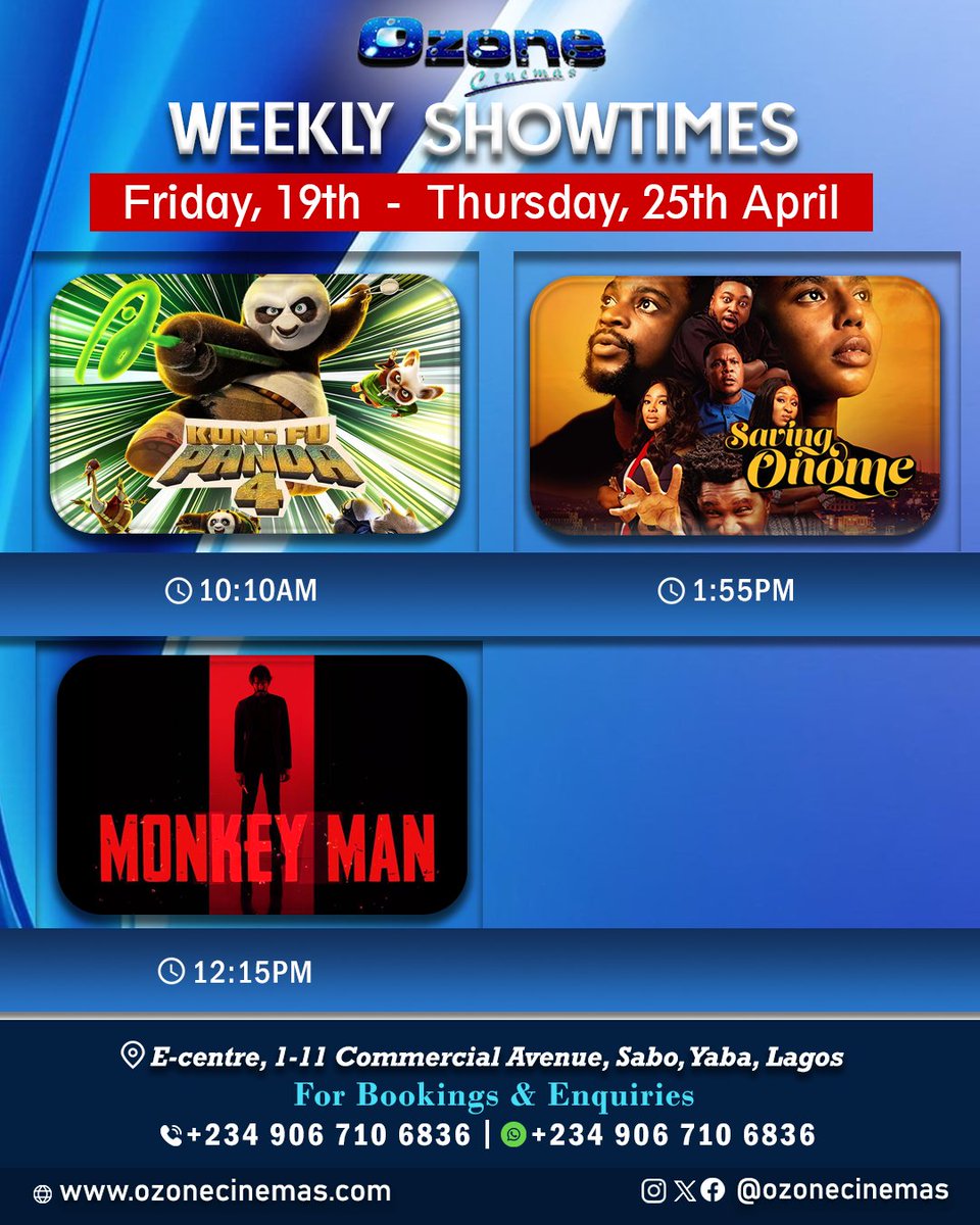 ozonecinema's tweet photo. Thank God itโs Friday! Here is your weekend watchlist. Treat yourself to some great movies @OzoneCinemas
Grab ticket(s) for you, friends and family today @OzoneCinemas
#BlackSmith #KungFuPanda4 #beastoftwoworlds #SavingOnome #ajosepo #GodzillaXKong #Abigail https://t.co/33RedIwUP8
