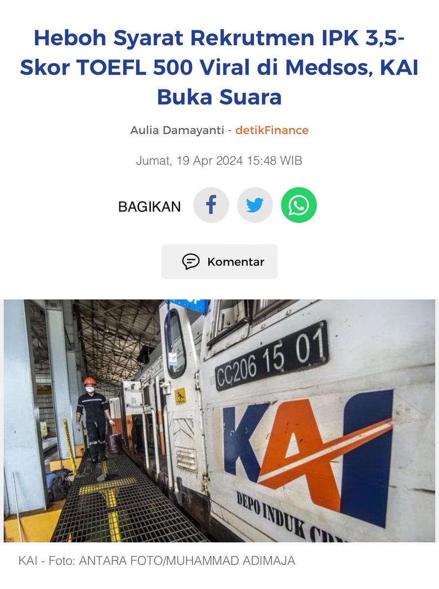 Positif ‘aja …

Mungkin KAI punya experience terima karyawan sebelumnya; dimana yg IPK 3.5 biasanya tidak hanya cerdas tapi juga tinggi effort kerja &amp; daya juang mencapai target dgn usaha sendiri. 

Sementara yg let’s say IPK 2.3; terbukti hanya bisa kerja jika di support dr