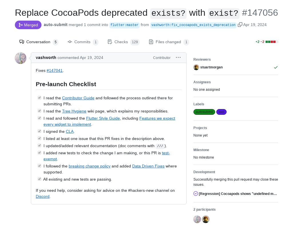 'Replace CocoaPods deprecated `exists?` with `exist?`' by Victoria Ashworth was merged into #Flutter master github.com/flutter/flutte…
