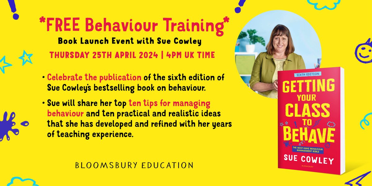 🚨 FREE BEHAVIOUR TRAINING EVENT 🚨 On the 25th April 2024 join @Sue_Cowley and celebrate the launch of Getting Your Class to Behave and take away some fantastic classroom management tips from the teacher who has seen it all! Book now: bit.ly/49AHnJW