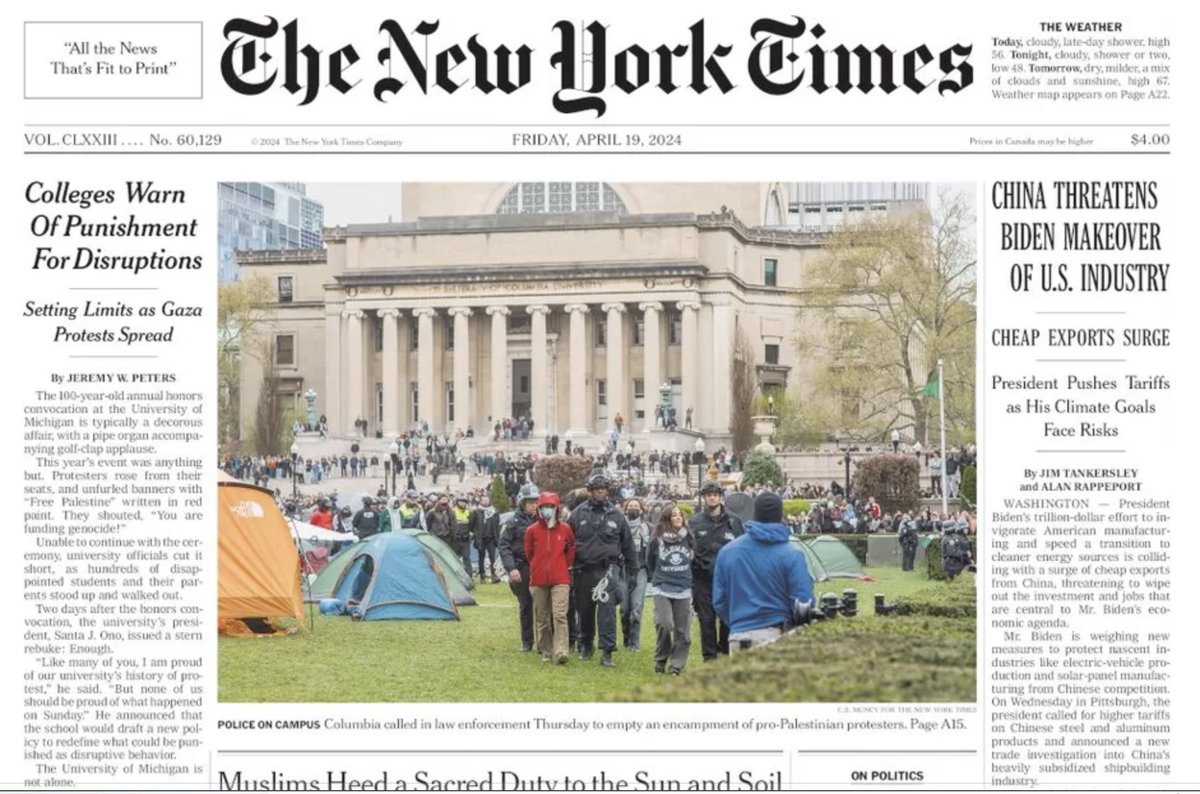 'Columbia called in law enforcement' hardly does justice to the outrage of a former World Bank & IMF official & Bank of England deputy governor being in the position to demand the NYPD break up a peaceful campus demo. But then these are the people who run universities today...