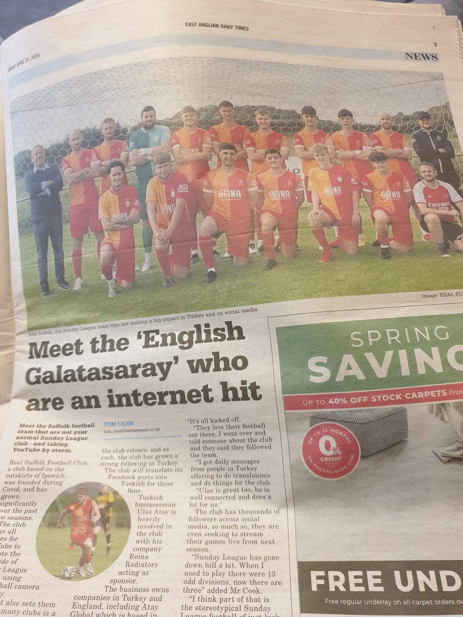 After yesterdays exposure online, great to see us published in both local newspapers, @ipswichstar24 and @EADT24 all the credit goes to the players they deserve the exposure 👏 🦁🧡❤ #RealSuffolkFC #ReinaDesign #Galatasaray #UltrAslan #MoneyTeam #SundayLeague #YouTubeTeam