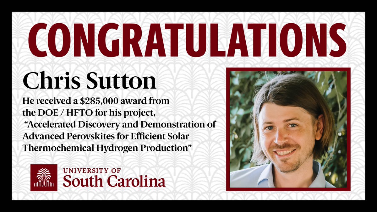 Congratulations to Christopher Sutton! He has received a $285,000 award from the DOE / HFTO for his project 'Accelerated Discovery and Demonstration of Advanced Perovskites for Efficient Solar Thermochemical Hydrogen Production.'