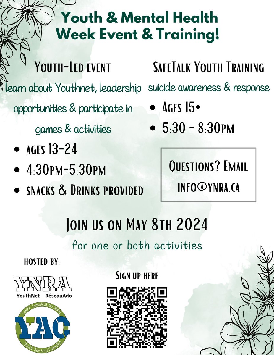 YouthNet / RéseauAdo (YNRA) (@cheoyouthnet) on Twitter photo Join us on May 8th to celebrate #OttawaYouthWeek & #MentalHealthWeek!
🆓4:30-5:30: YAC Open House - snacks, activities & new friends!
⭐️5:30-8:30: safeTALK suicide awareness training fundraiser (ages 15+)
To sign up or learn more:
📲 Scan the QR code, or
📨 ynra@cheo.on.ca Join us on May 8th to celebrate #OttawaYouthWeek & #MentalHealthWeek!
🆓4:30-5:30: YAC Open House - snacks, activities & new friends!
⭐️5:30-8:30: safeTALK suicide awareness training fundraiser (ages 15+)
To sign up or learn more:
📲 Scan the QR code, or
📨 ynra@cheo.on.ca