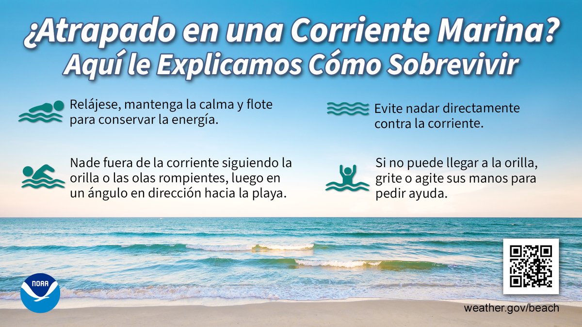 Las corrientes marinas pueden arrastrar incluso al nadador más experimentado lejos de la costa. Si es posible, quédese cerca de un salvavidas mientras nada. Conozca más en:  weather.gov/wrn/rip-curren… #ListoMeteorologicamente