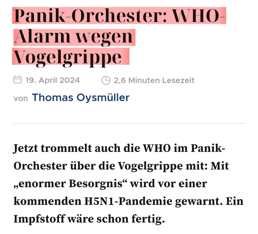 Ein #Impfstoff stünde schon bereit. 🤡 Wer hat noch nicht, wer will nochmal? #Vogelgrippe #WHO #Impfung tkp.at/2024/04/19/pan…