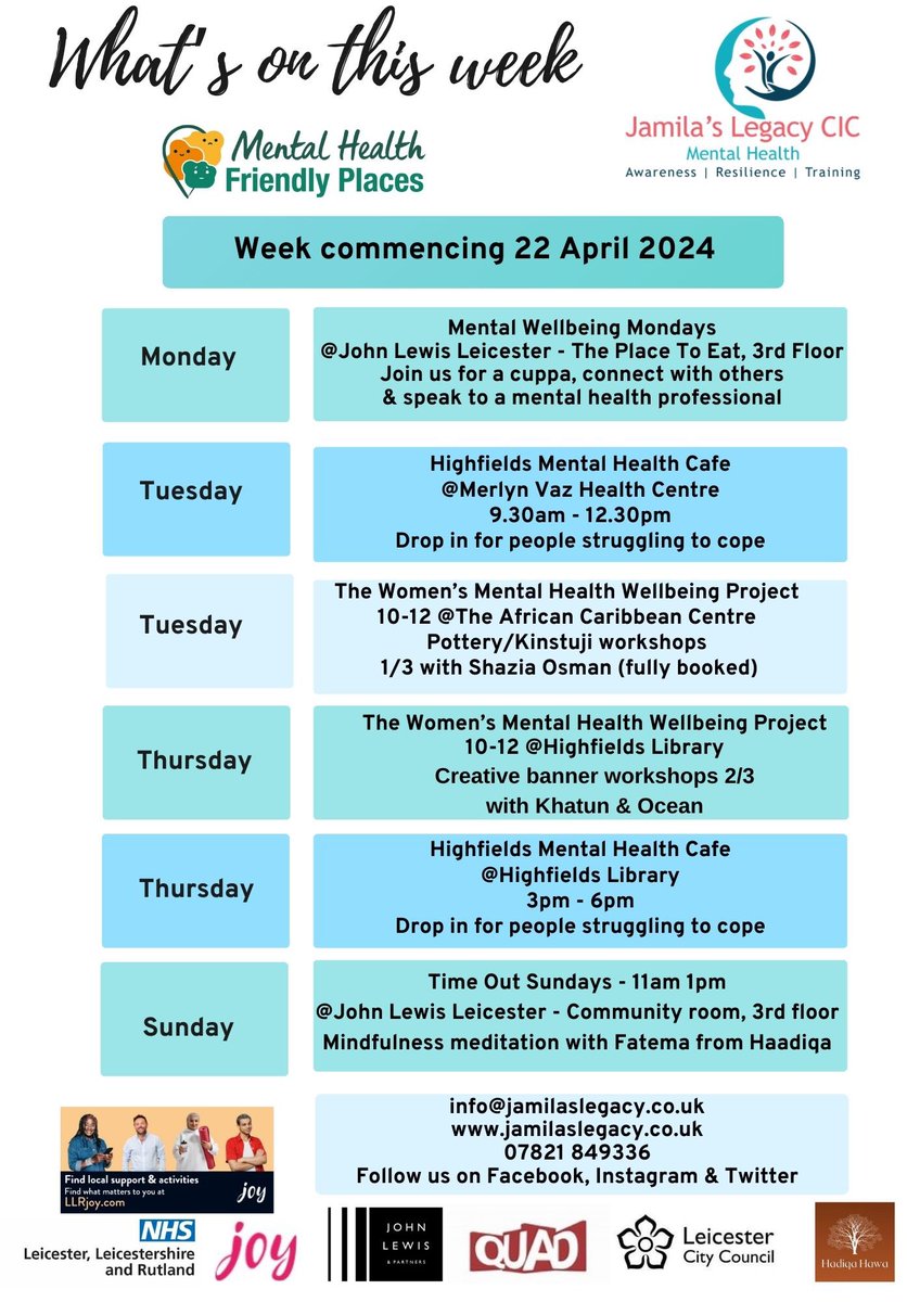 @jamilaslegacy has another packed week of activities and support for you next week. #mentalhealth @JohnLewisRetail @Highcross @LPTnhs @NHS_LLR @Leicester_News @derbyquad