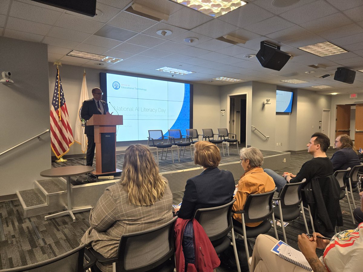 OET deputy director Anil Hurkadli kicks off @usedgov's #AILiteracyDay event with a welcome & recorded remarks from Deputy Secretary Cindy Marten.