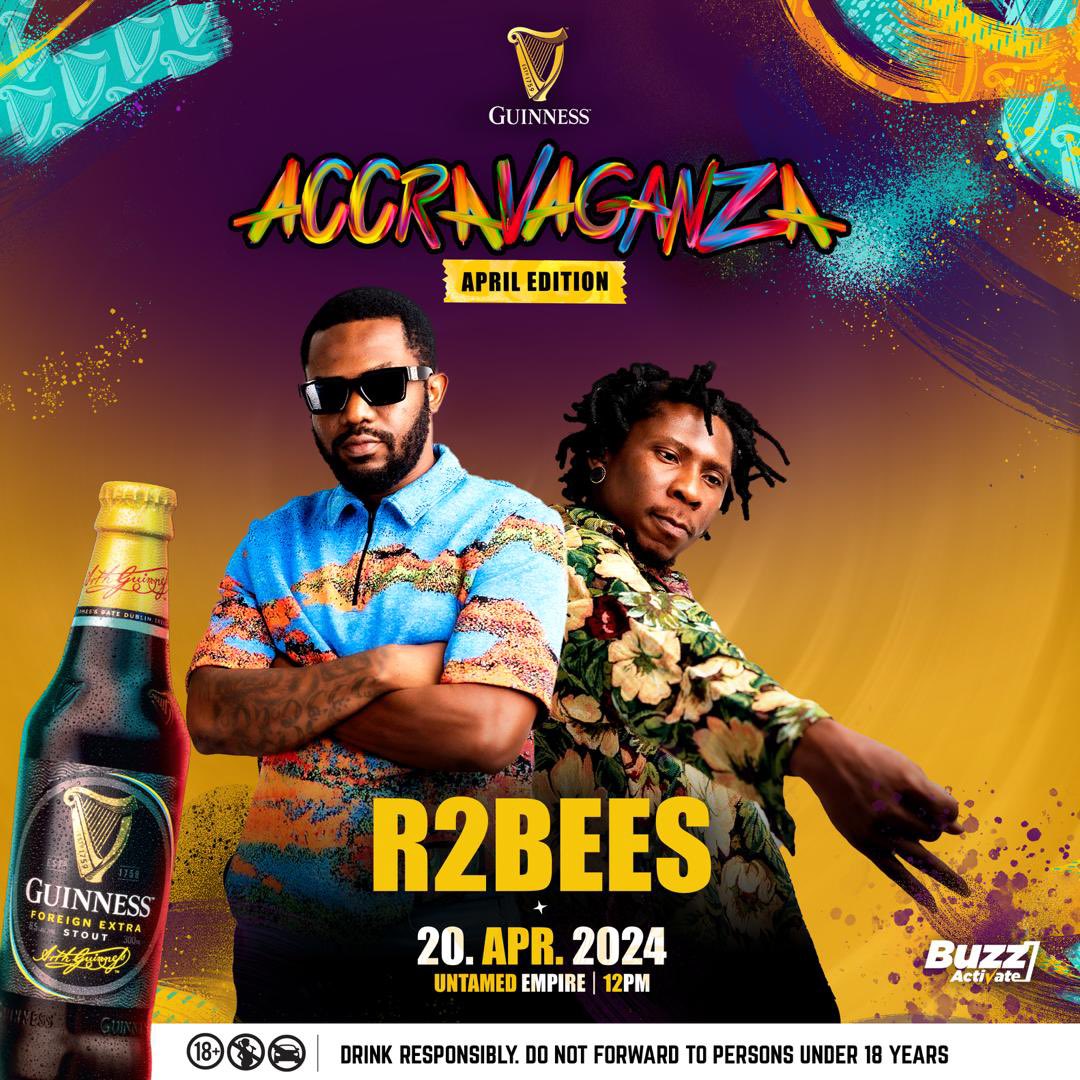 Don't miss the opportunity to enjoy R2Bees' performance at the Accravaganza this Saturday.  Purchase your tickets now 🔥🔥
 #GuinnessAccravaganza