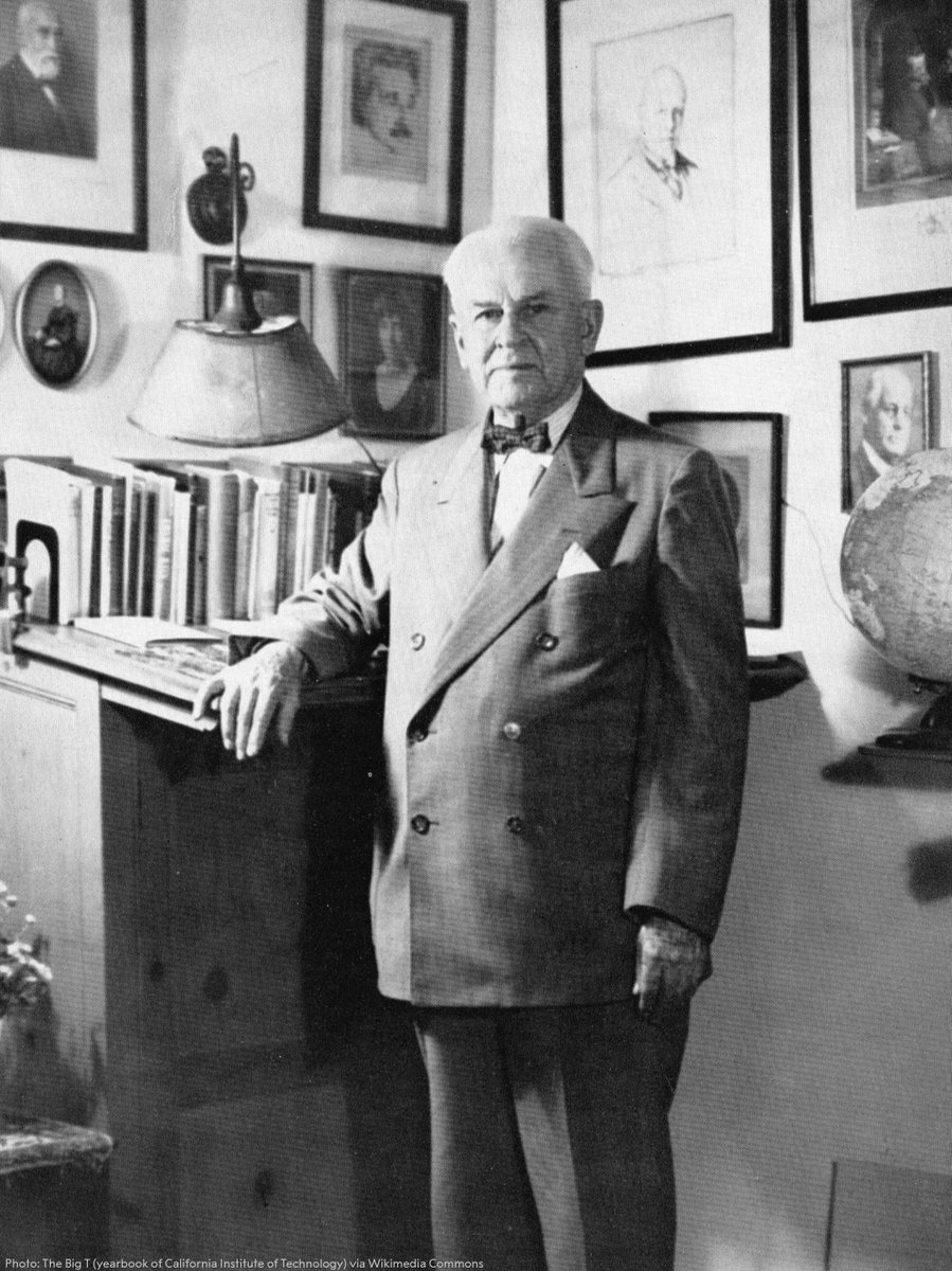 Robert Millikan received the Nobel Prize in 1923, two years after Einstein, for the measurement of the elementary electric charge and for building on Einstein's work on the photoelectric effect. (Notice that Einstein art on the wall 😉 )