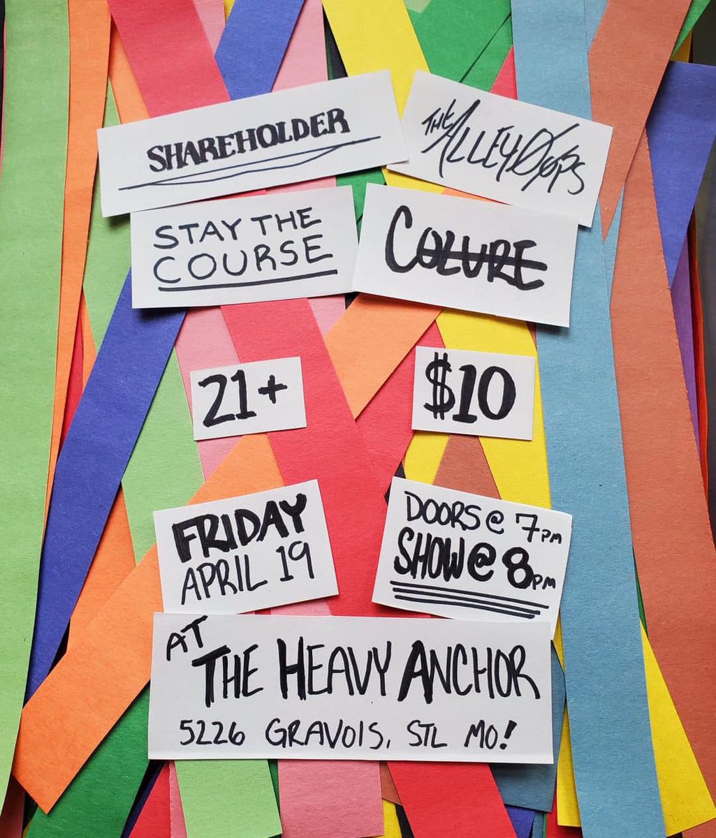 Show Friday at 8pm @314Punk Presents: - Shareholder - Stay The Course (KS) - Colure - The Alley Oops $10 for the show, no cover to get in the bar side Bar opens at 5pm / Doors at 7pm / Show at 8pm
