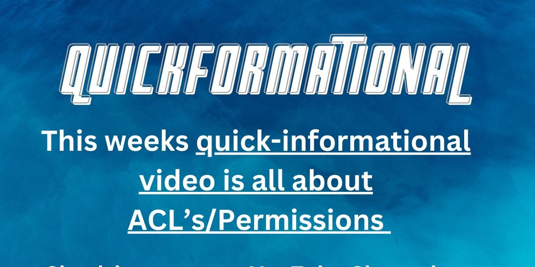 New Quickformational video on YouTube Solomon_IT all about ACL's and Permissions.
#SolomonKnowsIT #MSPDoneRight #ManagedITServicesTN #smalltomediumbusinesses #techtips #knoxville #pigeonforge #oakridgetn #gatlinburg #manageditservices #cybersecurity #quickformational