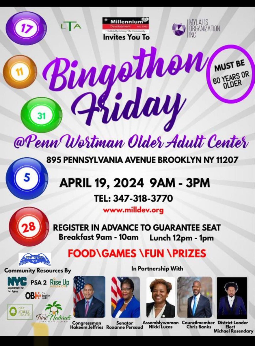 @BlueLivesNYC Chaplain Frank ,P.O. Austin , Brooklyn District Attorney Eric Gonzalaz, & Detective Brant of NYPD @NYPDPSA2, set up tables for #bingothon in Brooklyn North this morning at the Penn Wortman Older Adults Center.