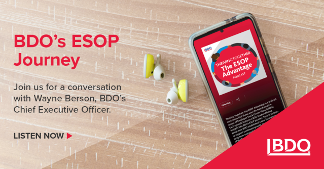 .@BDO_USA CEO Wayne Berson & Chief People Officer Cathy Moy kick off the new podcast series “Thriving Together: The ESOP Advantage,” with an insightful discussion on the firm’s recent shift to an ESOP model. Tune in. #GetToKnowBDO #BDOESOP dy.si/RsUBU62