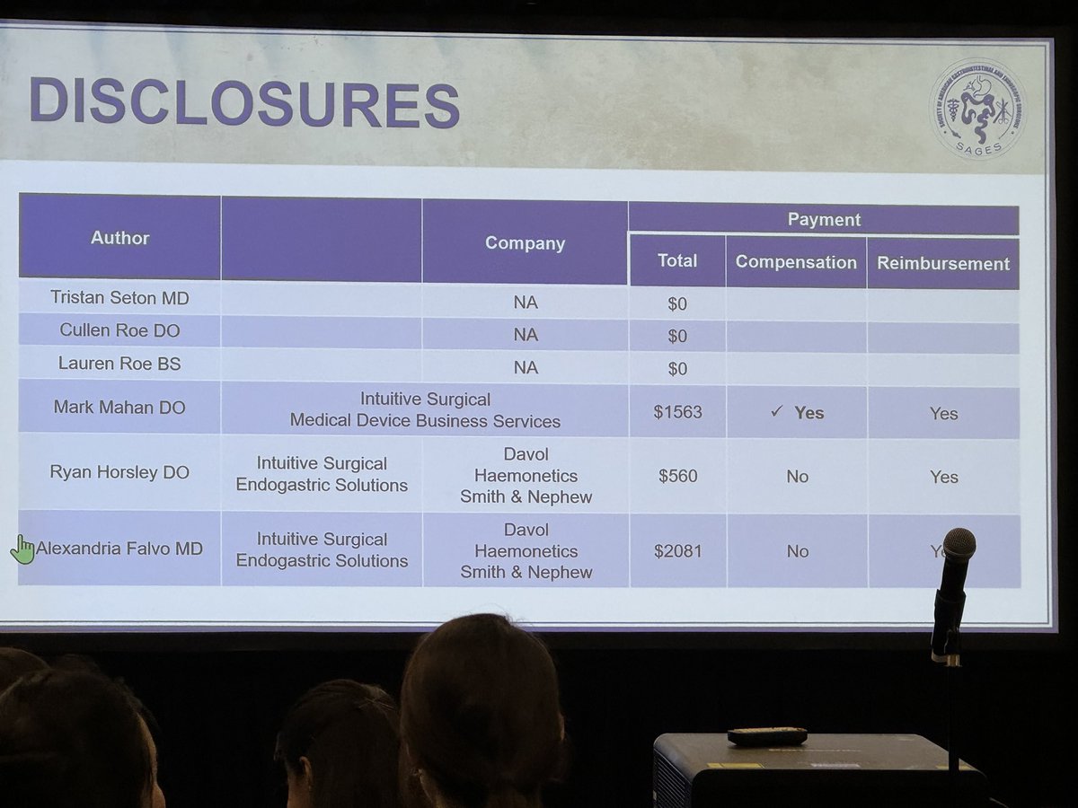 The group from Geisinger modeling best practice for COI disclosure slide. I think we should all adopt this! #SAGES2024