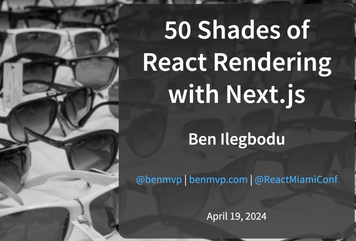 Ben Ilegbodu ππ¨πΎβπ» (@benmvp) on Twitter photo Hey <a href="/ReactMiamiConf/">React Miami</a>! Thanks so much for having me! ππΎ I hope you learned a little bit more about rendering with Next.js. Here are the slides so you can follow all of the links:
benmvp.com/rm-nextjs
π΄ Hey <a href="/ReactMiamiConf/">React Miami</a>! Thanks so much for having me! ππΎ I hope you learned a little bit more about rendering with Next.js. Here are the slides so you can follow all of the links:
benmvp.com/rm-nextjs
π΄