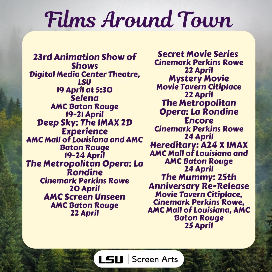 LSUScreenArts's tweet image. Tonight at 5:30 is LSU's Digital Media Center Theatre presents the 23rd Animation Show of Shows. Cinemark’s Secret Movie Series, Movie Tavern’s Mystery Movie, and AMC’s Screen Unseen $5 unreleased film is this week. The film remains a mystery until showtime! #geauxSCRN