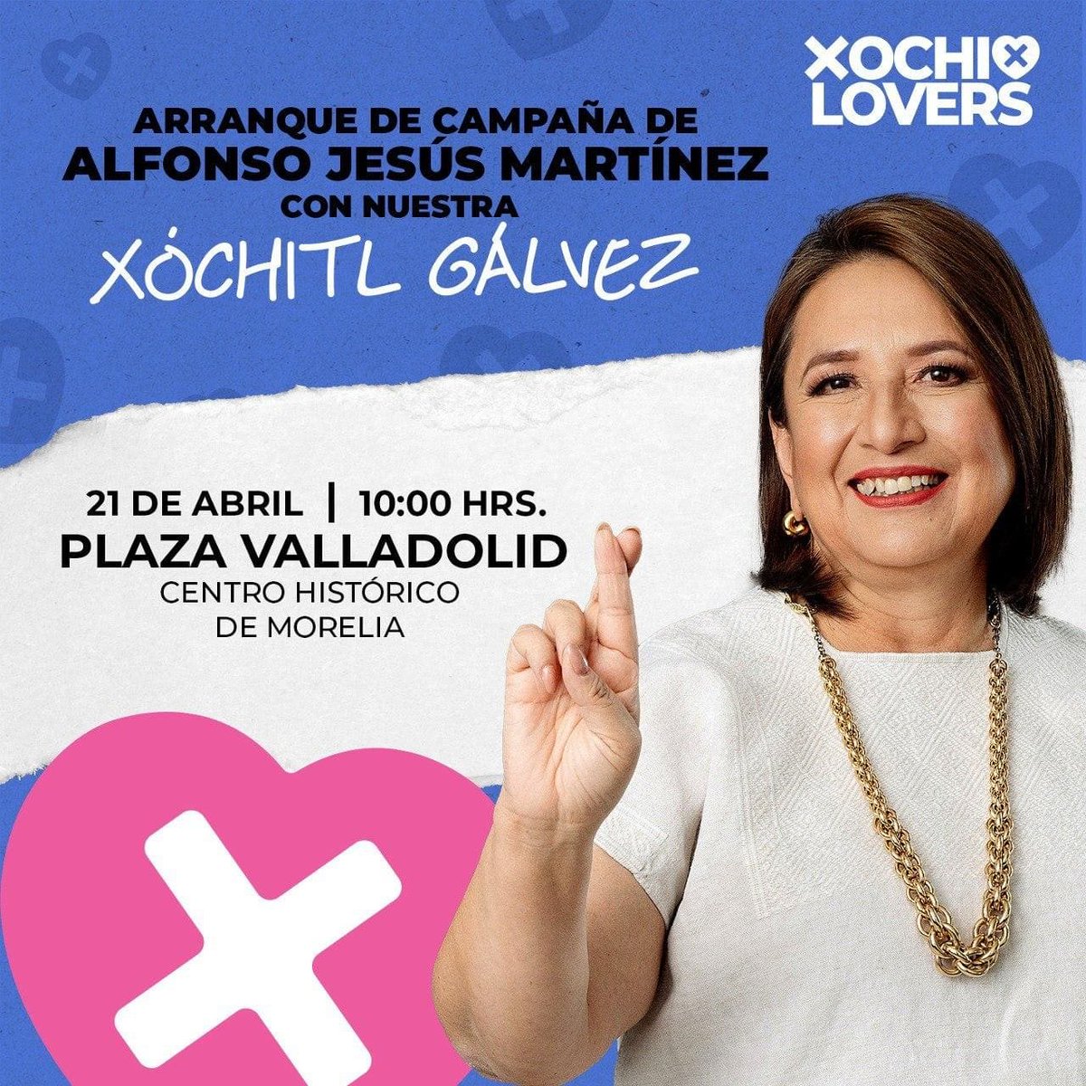 Xochilovers de #Michoacán nuestra @XochitlGalvez llega a Morelia este próximo 21 de abril. 🤞🏼🩷 Vamos acompañarla para seguir llevando un mensaje de esperanXa a todo México.