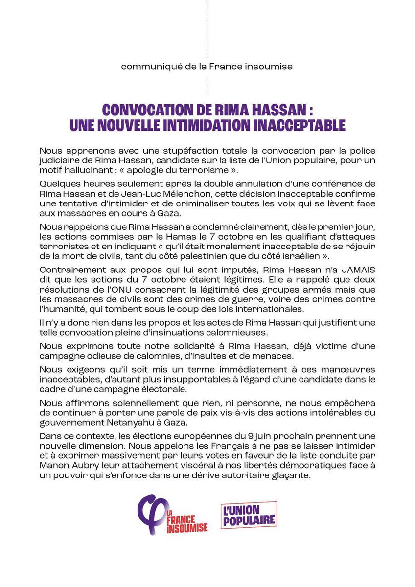 Conférence annulée, candidate convoquée par la police judiciaire… Quelle est la prochaine étape dans la remise en cause des libertés, dans l’intimidation et la criminalisation des voix qui se lèvent pour la paix, en pleine campagne électorale ? #SoutienRima