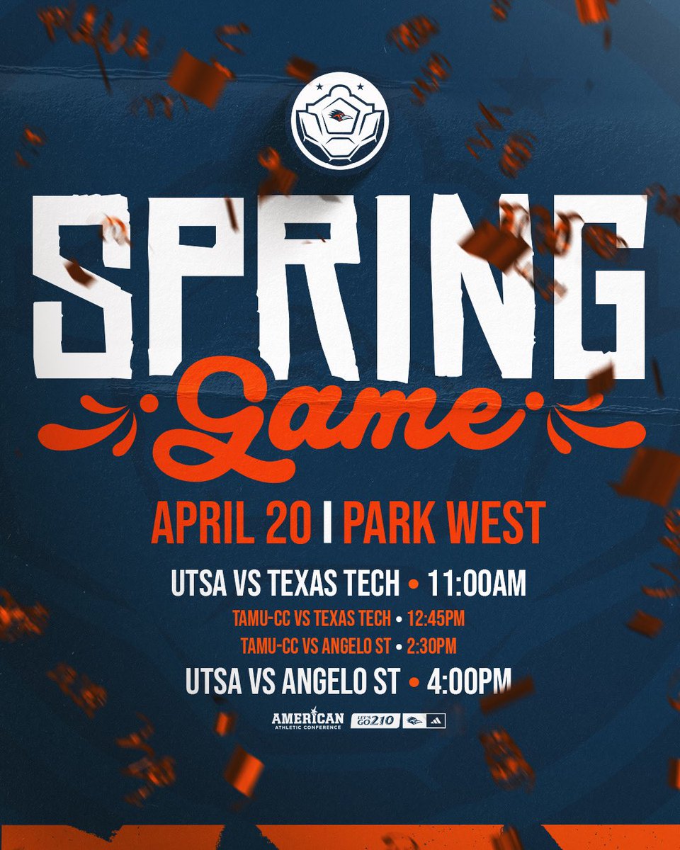 A Fiesta of soccer on Saturday! Come out and enjoy four games at Park West as we close out our Spring season! #BirdsUp🤙 | #LetsGo210 | #UTSADNA