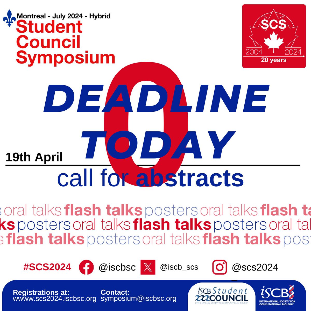 TODAY IS THE DEADLINE! Last chance to submit your abstracts for the ISCB Student Council Symposium 2024 #SCS2024 * Submit your abstract here before it's too late: iscb.org/ismb2024/submi… Deadline: TODAY, until 11:59 PM (any time zone)