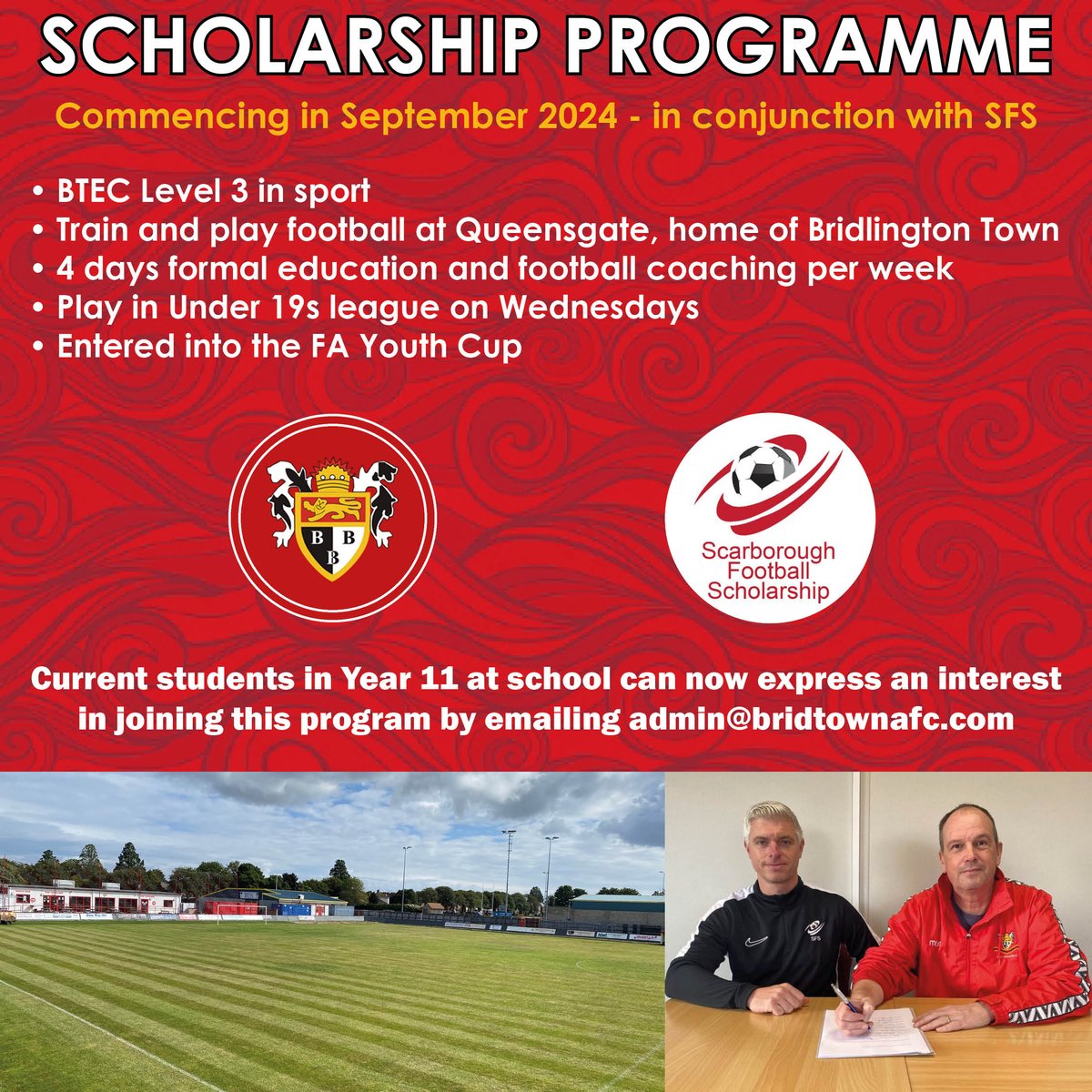SCHOLARSHIP PROGRAMME We are delighted to be commencing our scholarship programme in September 2024 in conjunction with SFS - a Scarborough based education provider. Full details available here: bridtownafc.com/football-schol… Please email admin@bridtownafc.com to express an interest.