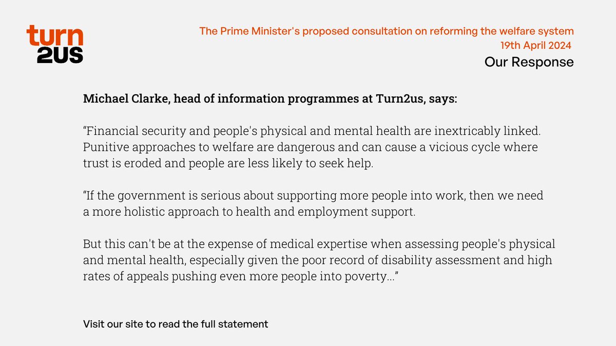 Turn2us has responded to the Prime Minister's proposed consultation on reforming the welfare system. Visit our site to read our full statement: turn2us.org.uk/about-us/news-… #mentalhealth #benefits #disability