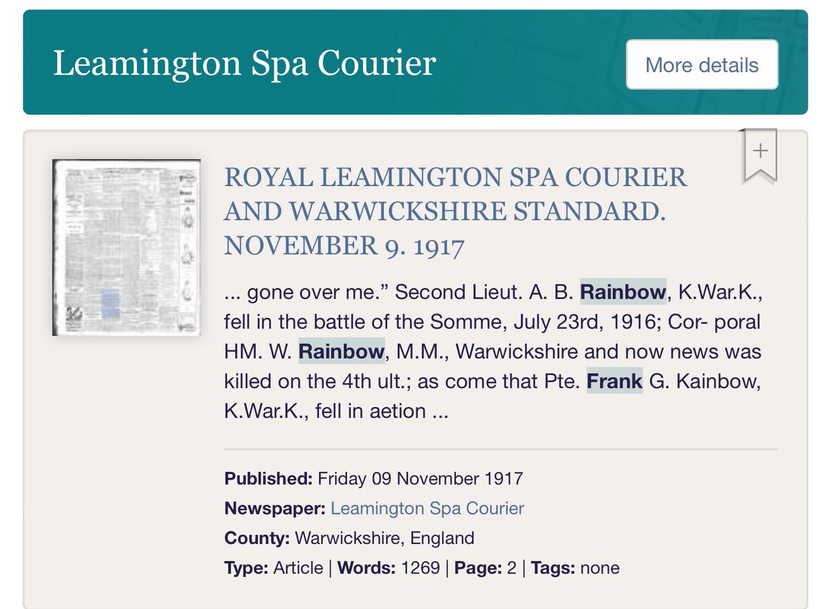Does anyone have access to the Newspaper Archive? There seems to be a notice concerning the death of Frank Rainbow from 9th November 1917 in the Leamington Courier. He was one of 3 brothers from Leamington killed during the war.