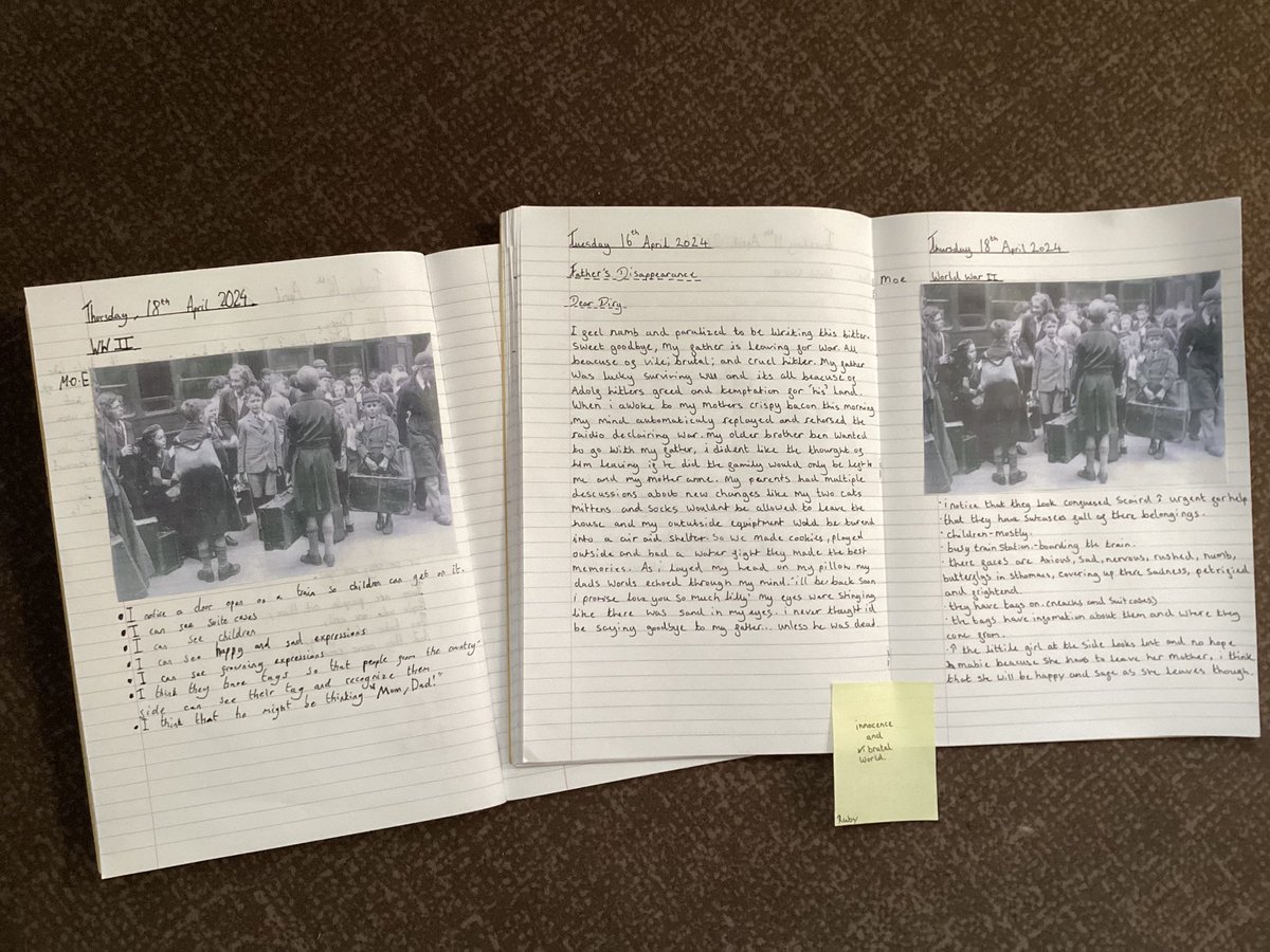 Year 6 have analysed a WW2 evacuee picture. They have looked at a child and imagined what they were thinking at the train station with their families🤔. @imagineinquiry