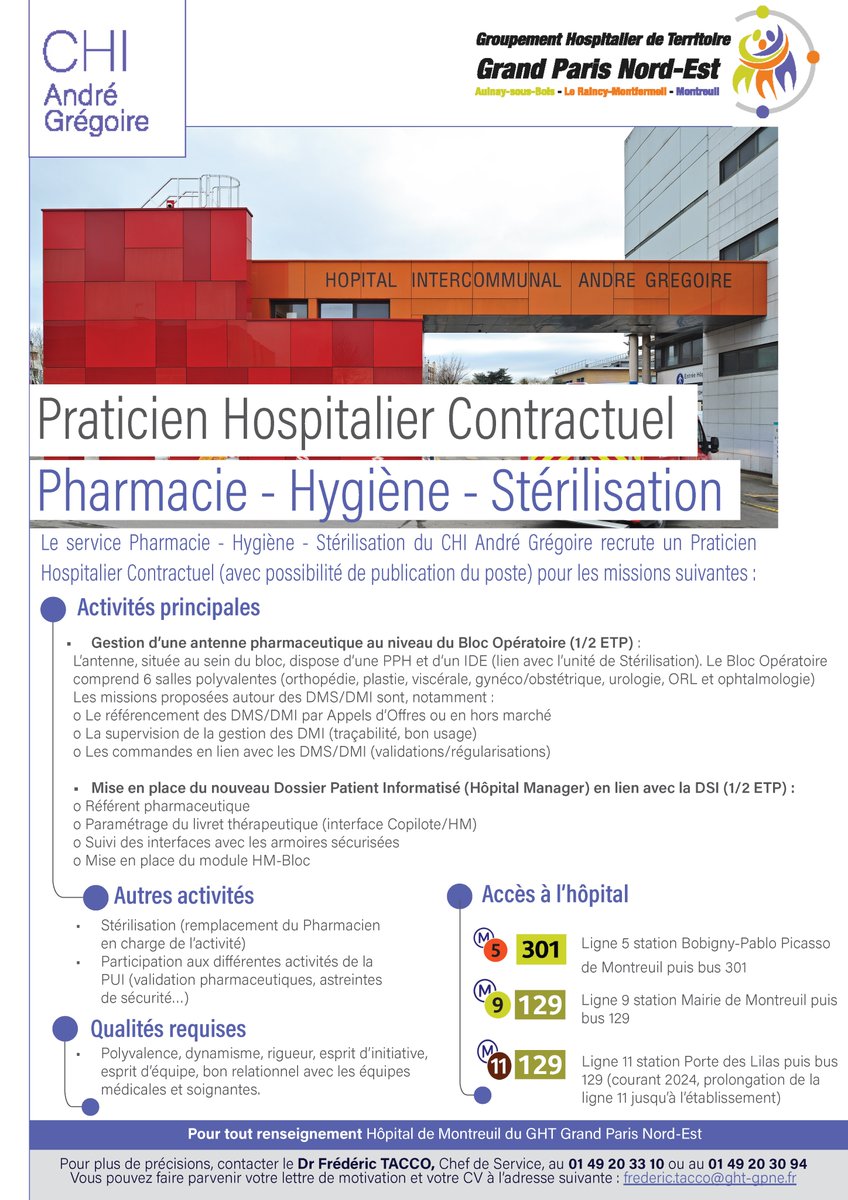 👩‍🔬👨🏻‍🔬 [#RECRUTEMENT #PHARMACIEN(NE)]

📢Le CHI André Grégoire recherche un(e) Praticien(ne) Hospitalier ! 

📌Les missions vous parlent ?
Faites parvenir votre lettre de motivation et votre CV au Dr Frédéric TACCO à l'adresse 📧 suivante : frederic.tacco@ght-gpne.fr