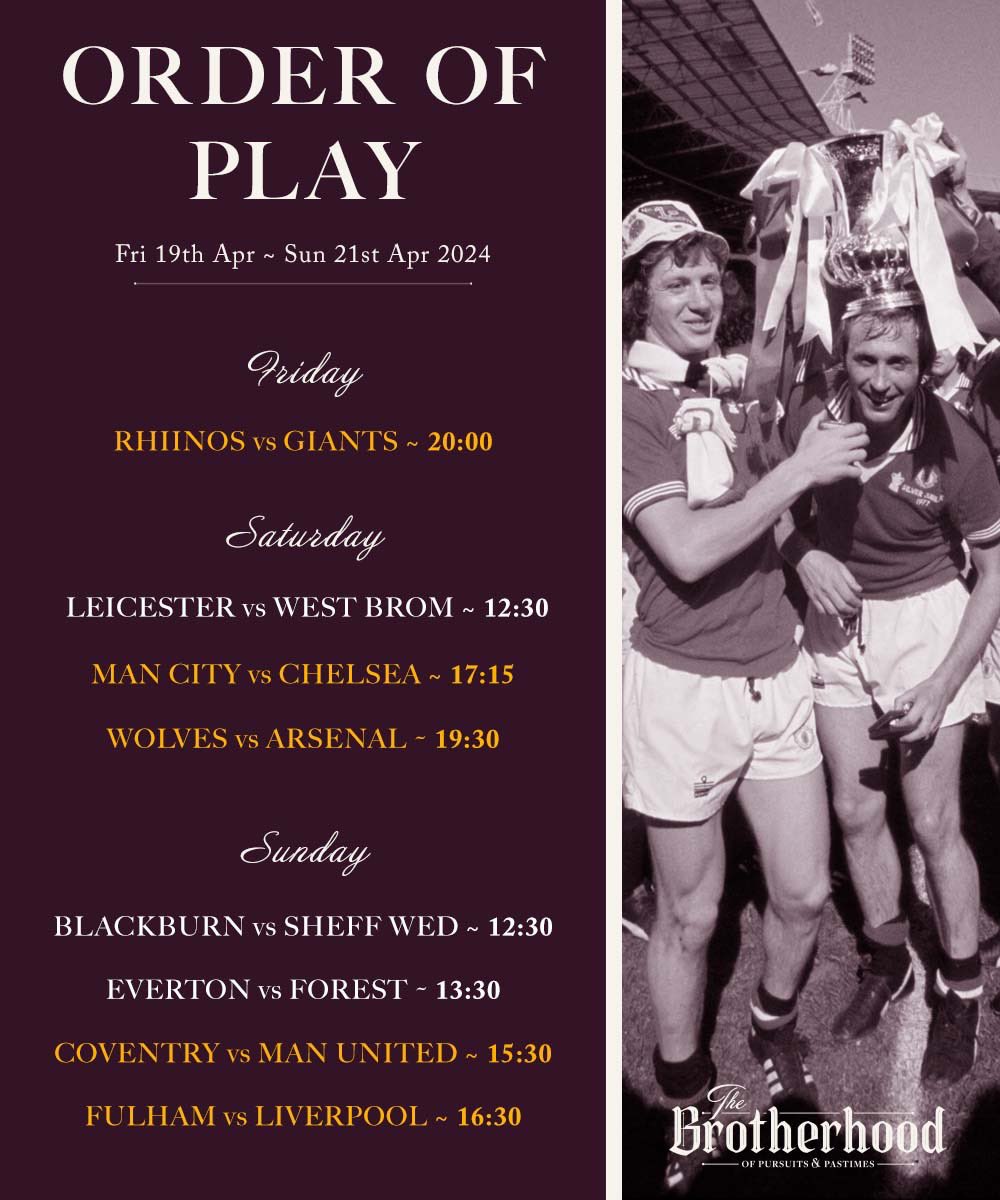 BrotherhoodLds's tweet photo. Introducing your weekend Order of Play!

Join us at The Brotherhood for your fix of live sports. We’ll be showing all of the biggest matches, live with commentary.

#forgoodsports https://t.co/ISrwzNND1o