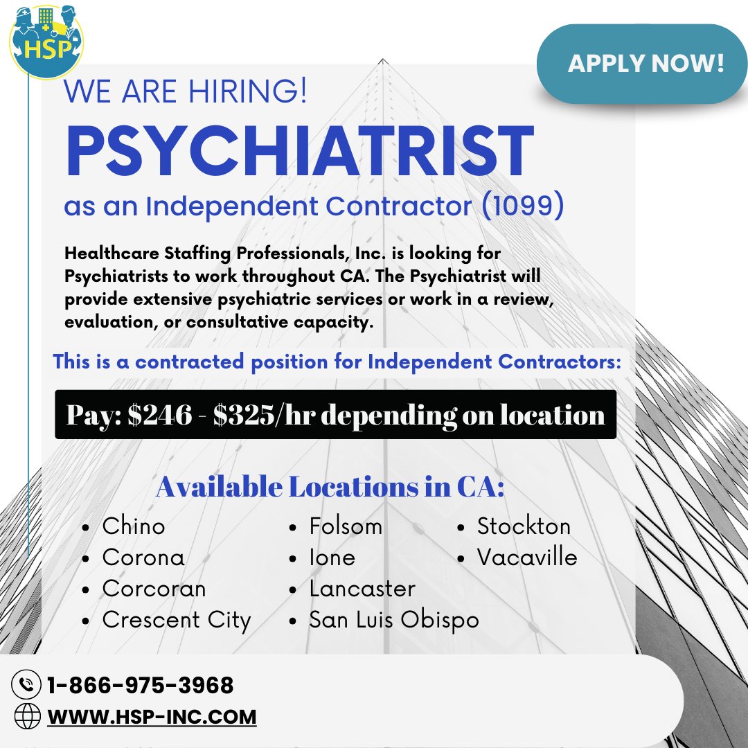 Hiring Now!! Psychiatrists for 1099 Positions in CA Correctional Facilities! Explore opportunities in 10 locations with extremely competitive pay. 

#CorrectionalPsychiatry #CaliforniaJobs #1099Opportunities #HighPay #JoinOurTeam