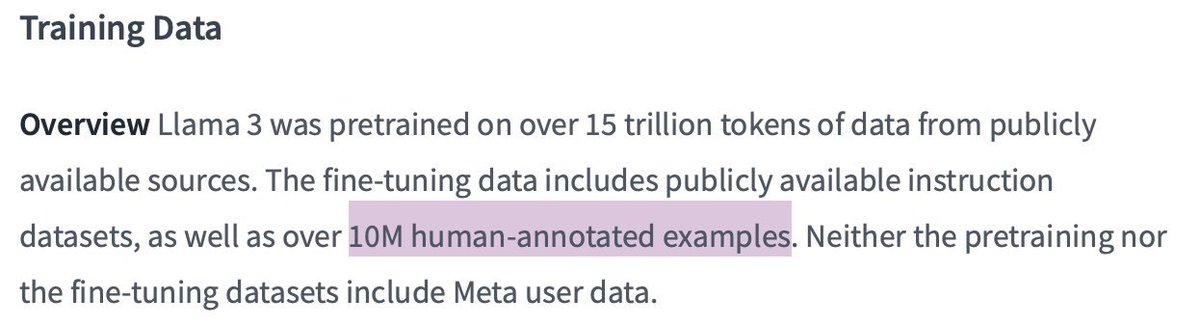 Teknium's tweet photo. I think Meta and Llama-3 is the final nail in the coffin to several misconceptions I've been fighting against for the last year. 

Llama-3 Chat was trained on over 10M Instruction/Chat samples, and is one of the only finetunes that shows significant improvements to MMLU. Contradicting several claims:

- That finetuning can't teach a model new knowledge, MMLU is a wide variety huge dataset of knowledge QA, improvement of over 3pts in MMLU strongly shows that it does indeed add new knowledge

- That LIMA paper (ironically by Meta) claim, that "10k" samples is best you can do to teach a model to do things with, completely destroyed by this.

I've been arguing these things to people for a year, with a lot of pushback, but the evidence is clear, though I'd argue it was clear long prior from Hermes work.