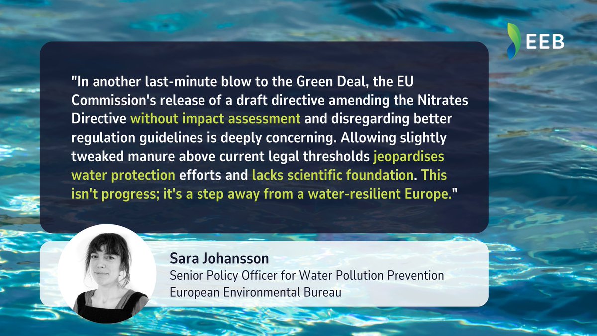 In a last-minute blow to the #GreenDeal, EU Commission's draft directive on Nitrates disregards impact assessment and science. Allowing tweaked manure above legal thresholds jeopardises water protection. This is not progress; it's a massive step away from a water-resilient EU💧