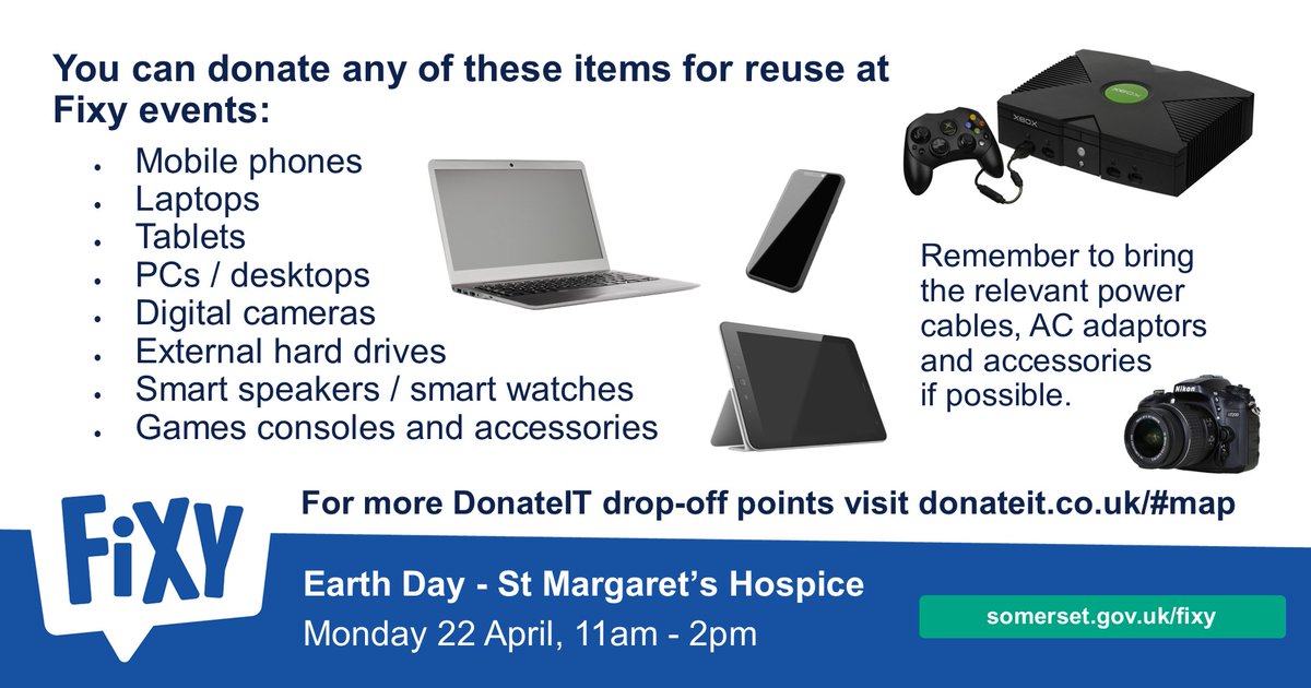 SomersetWaste's tweet photo. Join #Fixy at @st_marg Hospice Earth Day Event!
We'll have a mini-Fixy stand (no van!), but you can still bring along your unwanted tech to donate for reuse.
Heron Drive Taunton, Monday 22 April, 11am to 2pm.
#EarthDay 🔌🌻 https://t.co/iidUwQCzoc
